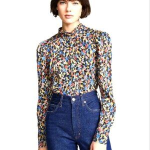 Veronica Beard Mena Silk Floral Long Sleeve Top With High Neck & Tie Detail